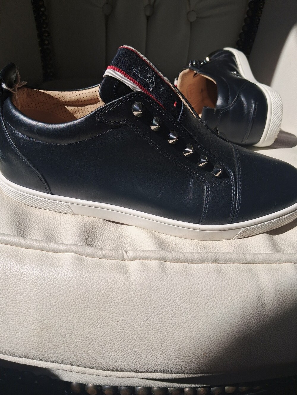 Christian Louboutin Black Leather Studded Slip-On Shoes - Picture 2 of 8